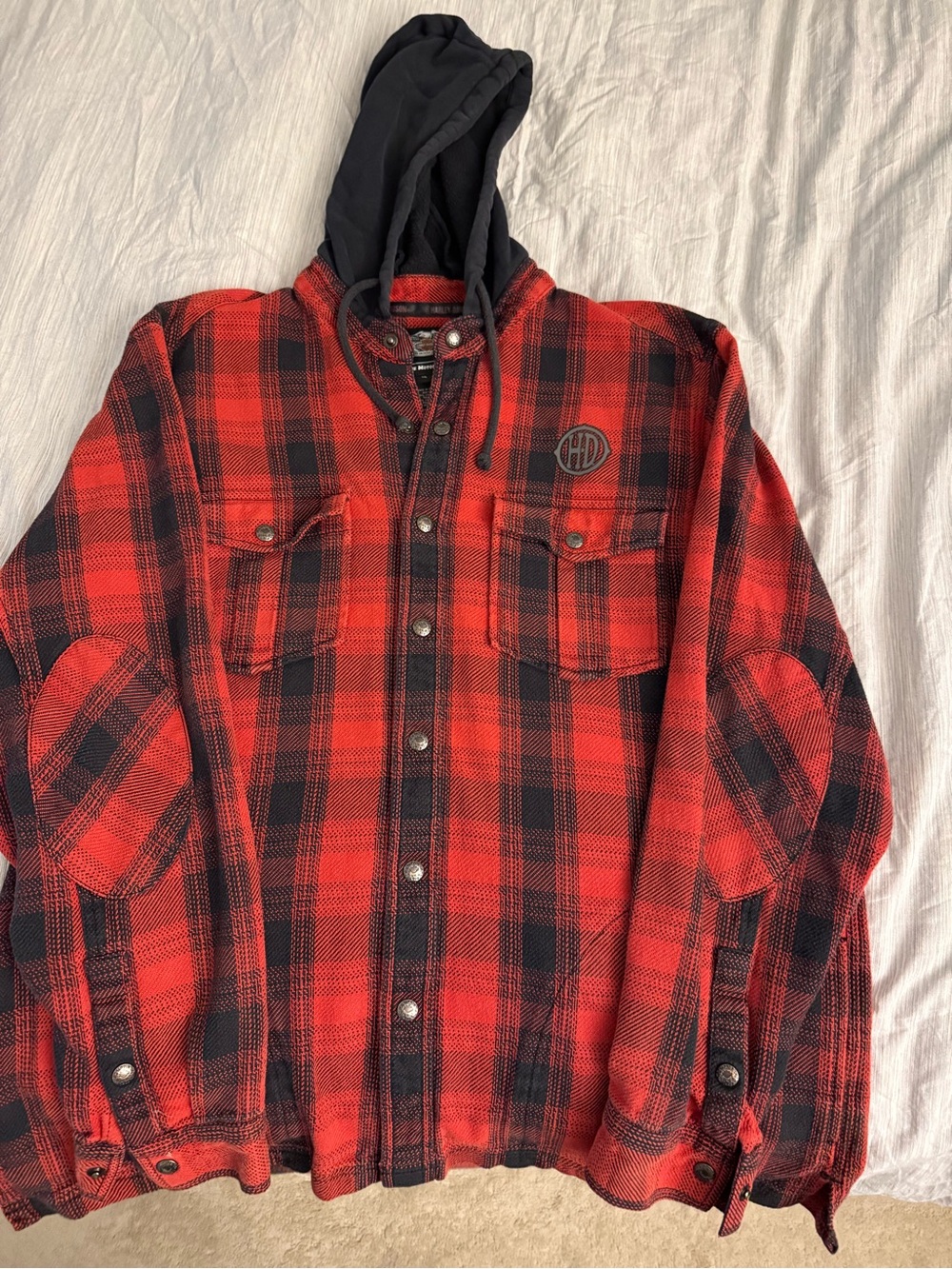 Harley-Davidson Red and Black Plaid Hooded Shirt Jacket